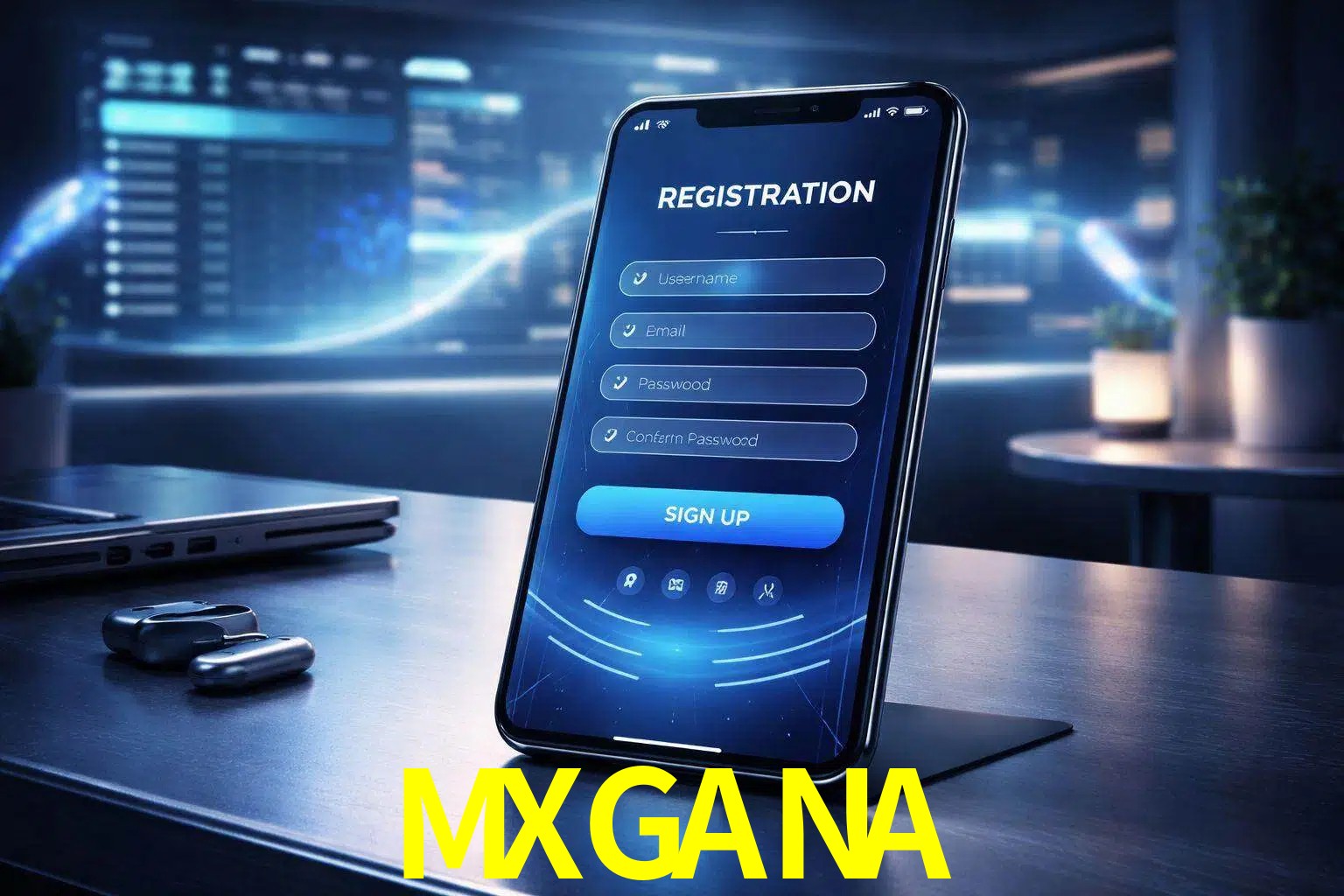 Una interfaz moderna de registro móvil para MXGANA mostrada en un smartphone con un panel de apuestas elegante.